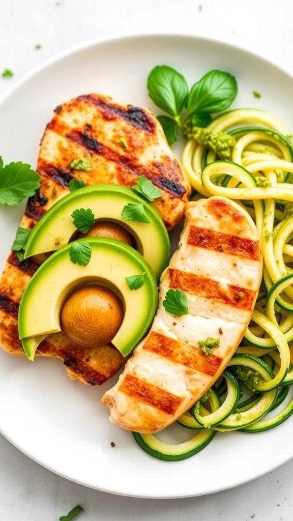 Delicious Zero Carb Meal Ideas A zero carb meal with grilled chicken, avocado, and zucchini noodles with pesto on a white plate.